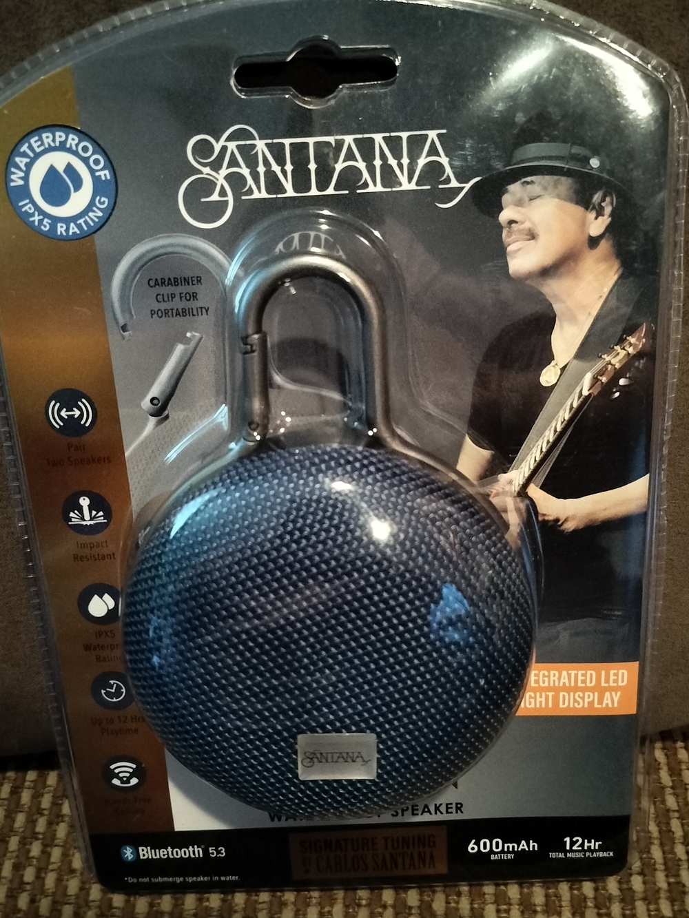 Carlos Santana Portable Bluetooth 5.3 Speaker Conn. Carabiner Clip, Black/Silver